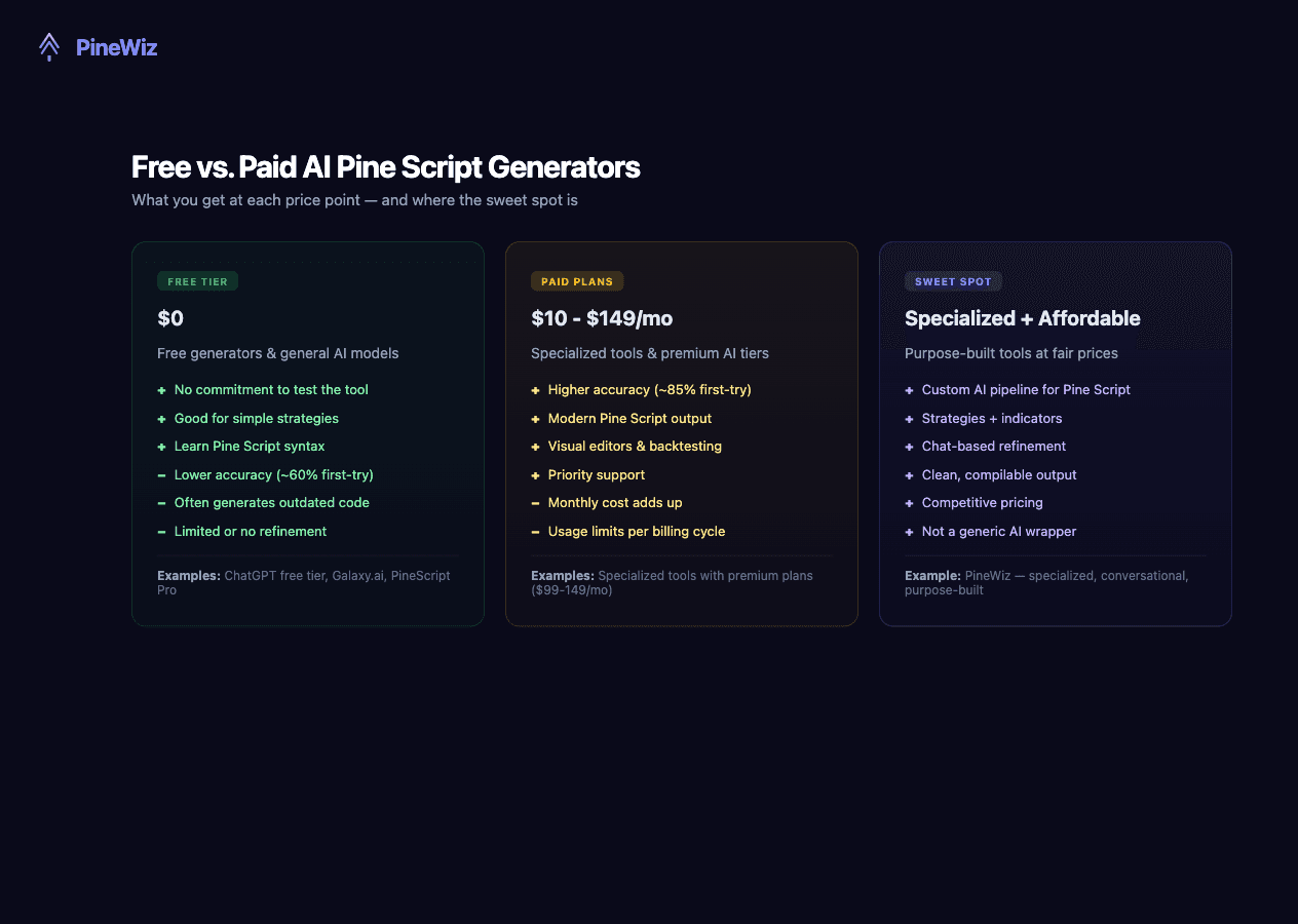 Free vs paid AI Pine Script generators — what you get at each price point and where the sweet spot is