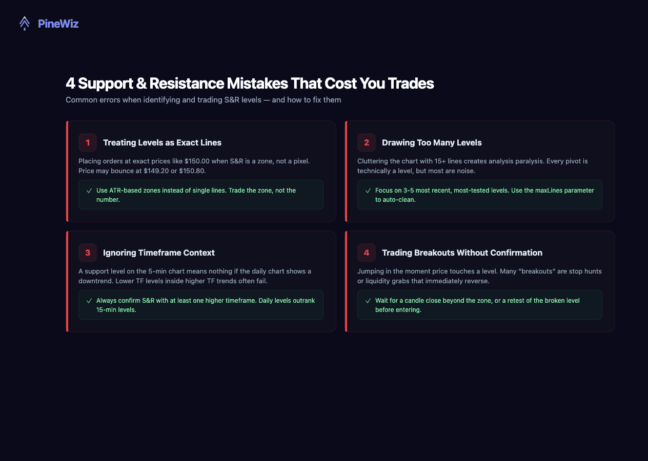 4 support and resistance mistakes — exact lines, too many levels, ignoring timeframe, no breakout confirmation