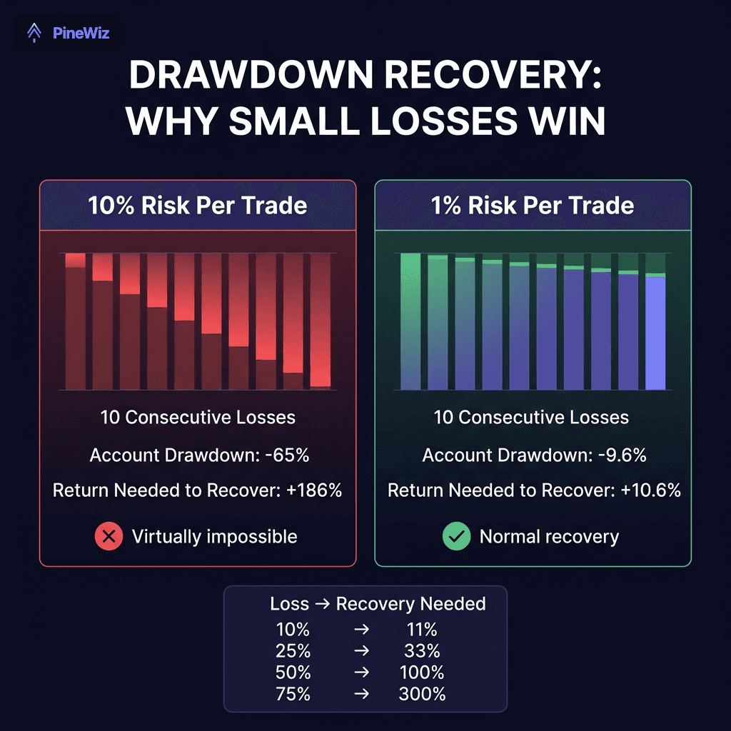 Drawdown Recovery: Why Small Losses Win - Comparison of 10% vs 1% risk per trade showing recovery requirements